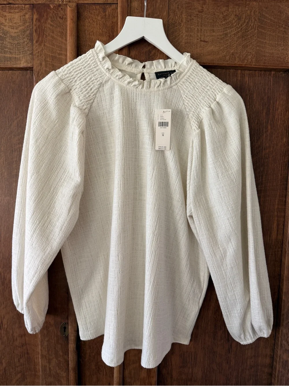 Anthropologie Off-White Smocked Ruffle Neck Blouse